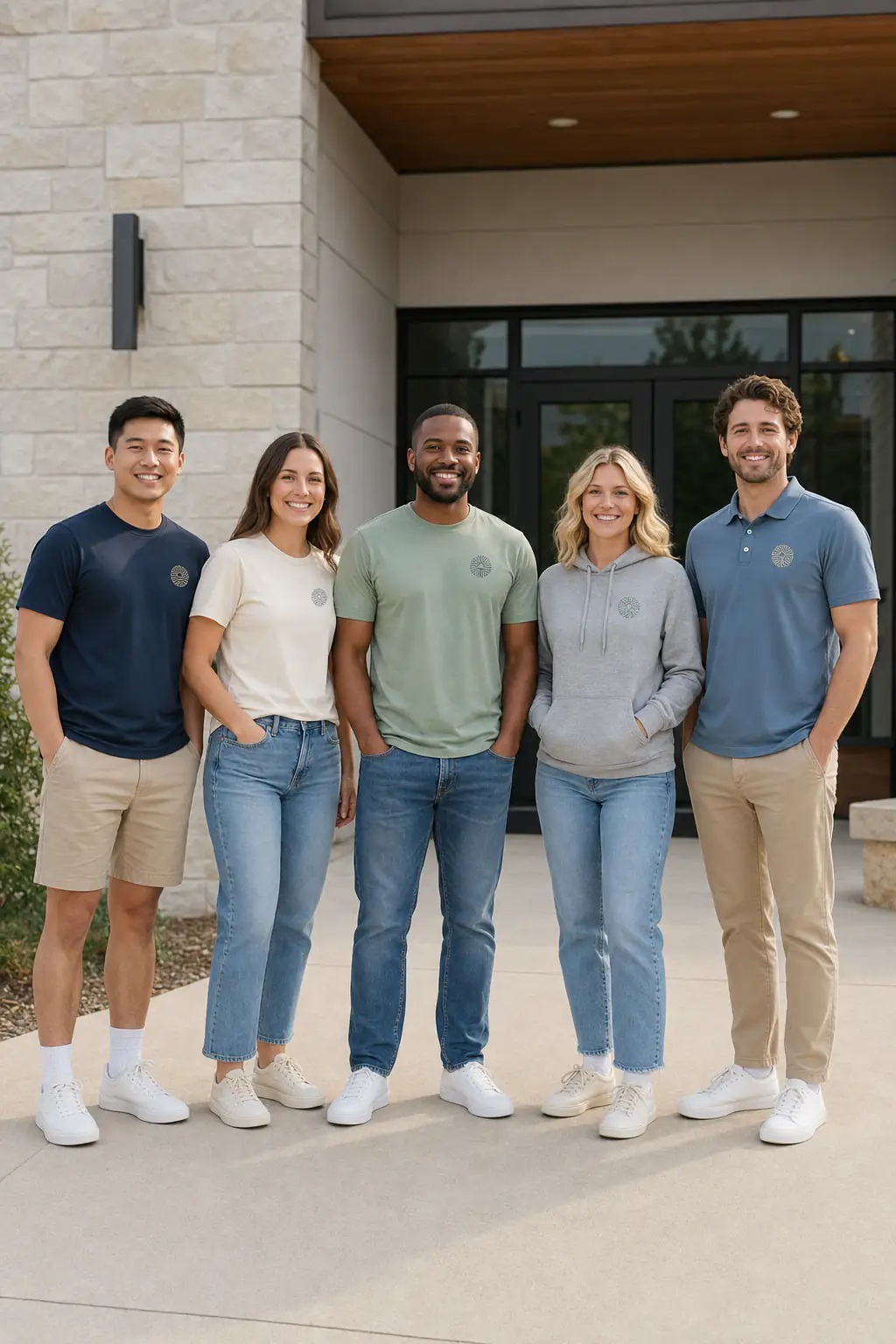Five diverse adults with eyes open and full bodies visible in complete church ministry T-shirts, performance shirt, hoodie, polo, pants, shorts, and shoes