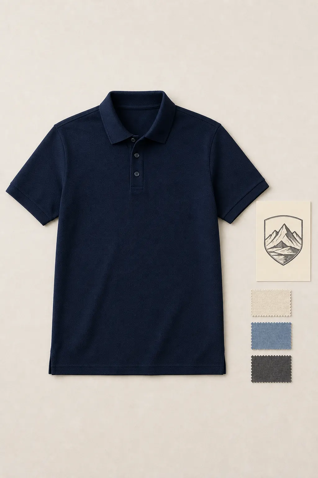 Complete navy polo with a structured mountain badge sketch and three restrained color swatches
