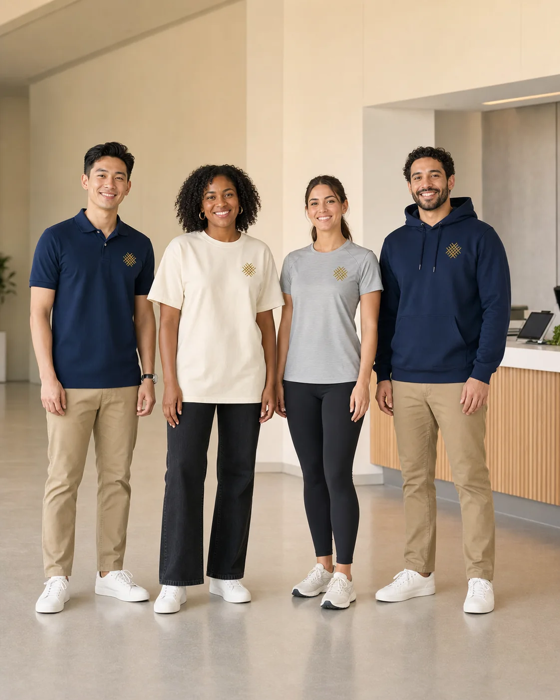Four event-team adults with eyes open and full bodies visible in coordinated custom polo, T-shirts, and hoodie