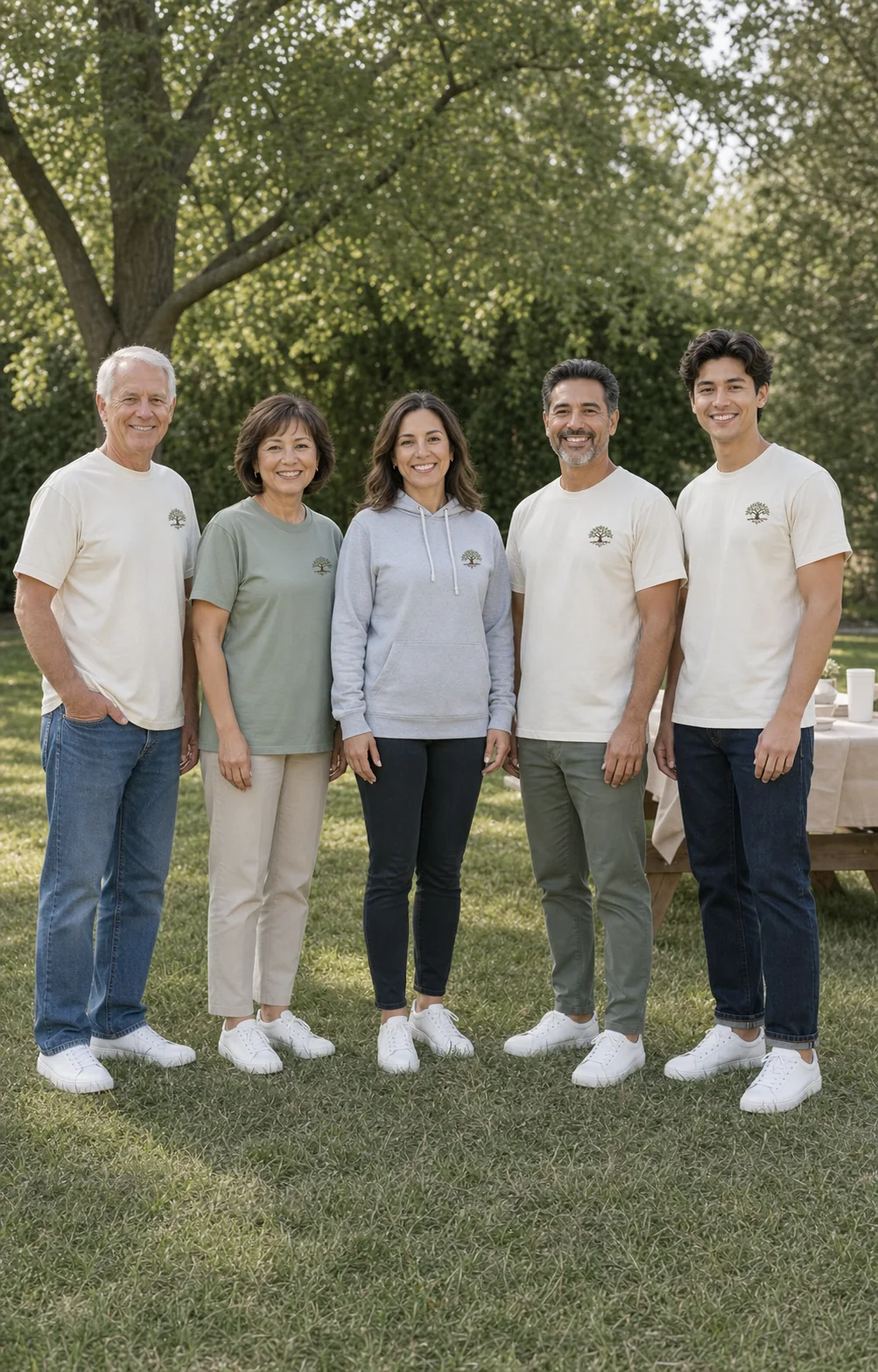 Five family members across three generations with eyes open and full bodies visible in coordinated custom T-shirts and a hoodie