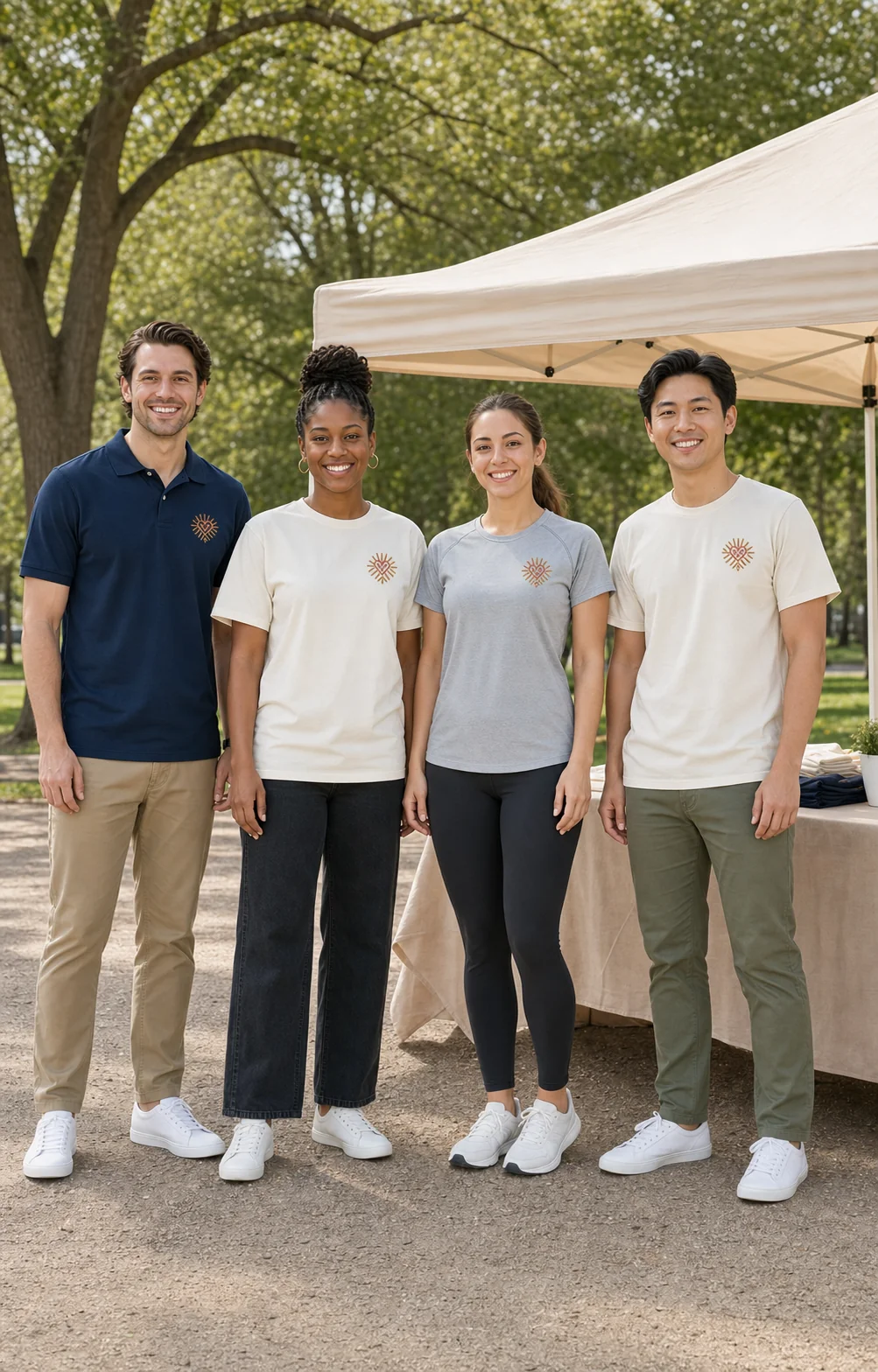 Four fundraiser volunteers with eyes open and full bodies visible in coordinated polo, cotton T-shirts, and performance shirt