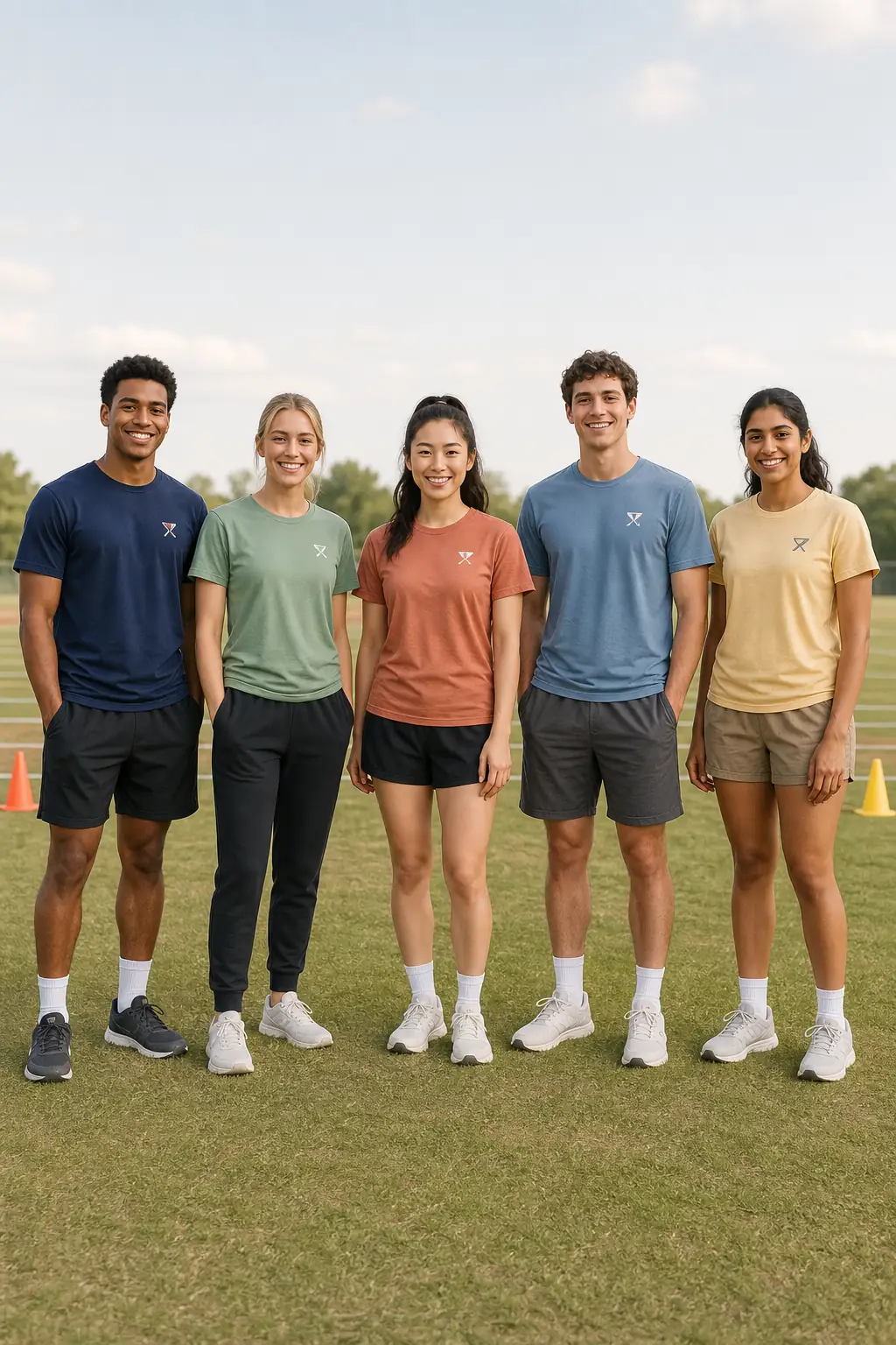 Five diverse adults with eyes open and full bodies visible in complete color-coded Field Day shirts, shorts or pants, socks, and shoes