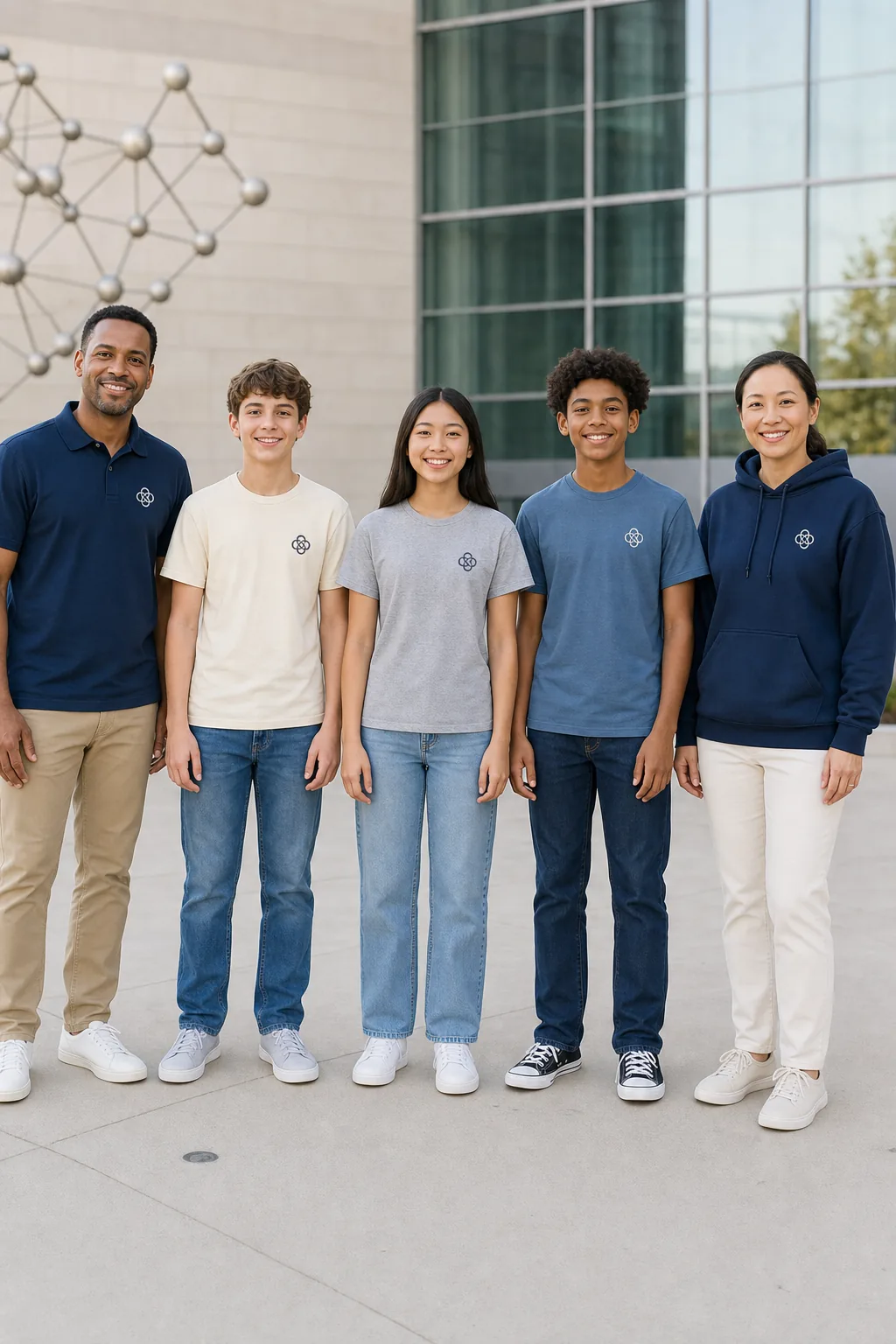 Three middle-school students and two adult chaperones with eyes open, shown head to shoe in complete coordinated T-shirts, polo, and hoodie