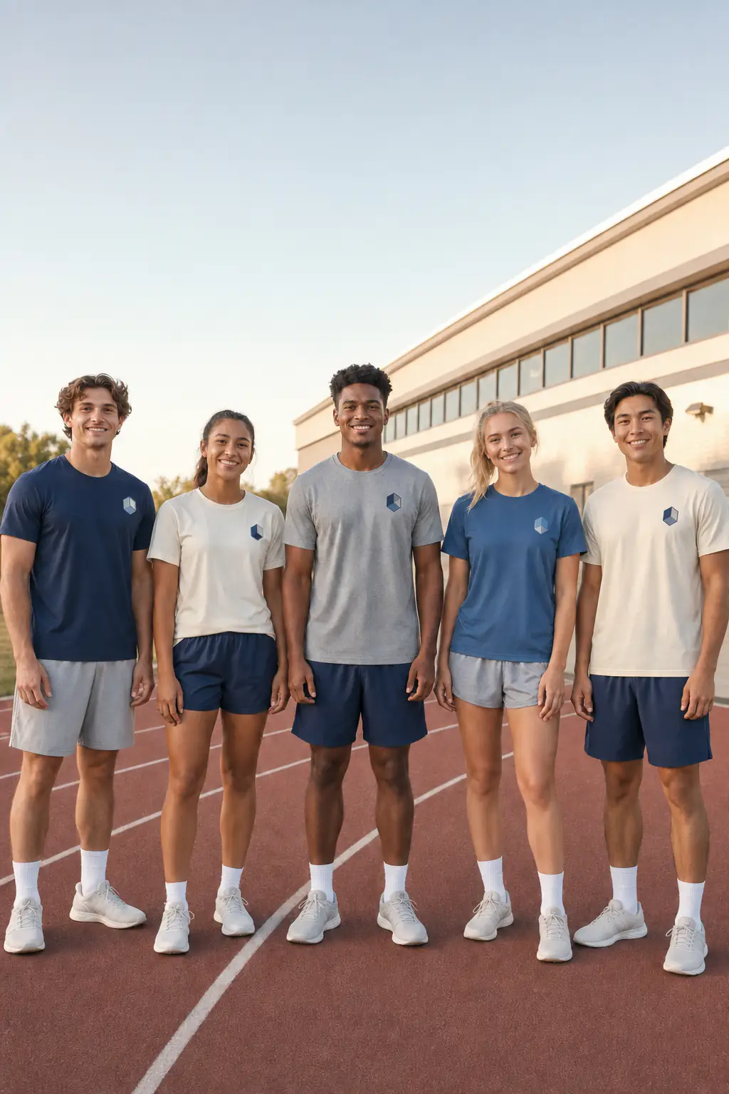 Five diverse adults with eyes open and full bodies visible in complete school PE shirts, athletic shorts, socks, and shoes
