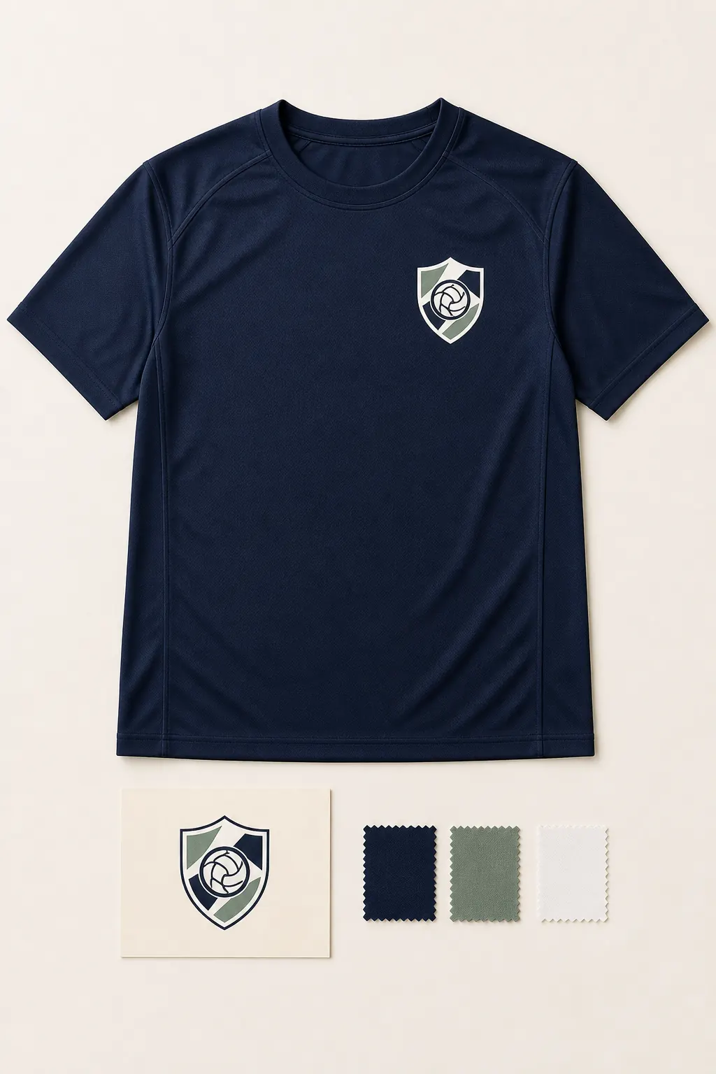 Complete navy performance shirt with a compact shield crest, matching sketch card, and three restrained color swatches