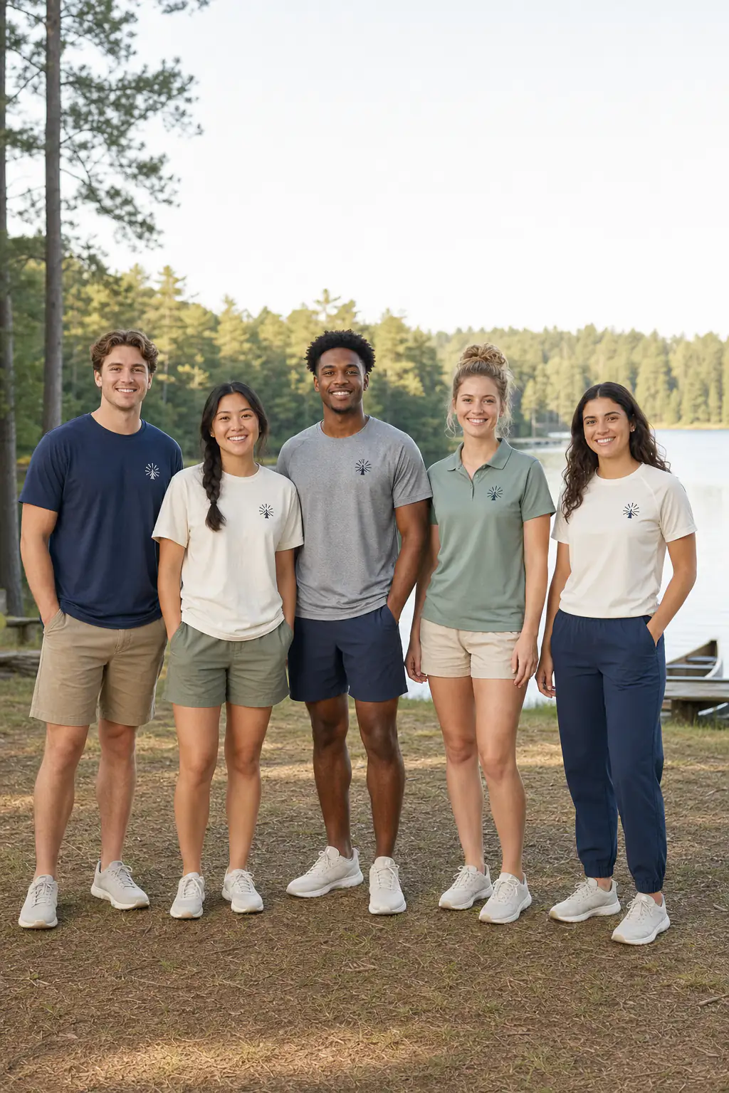 Five adult summer camp counselors with eyes open and full bodies, complete T-shirts, polo, shorts, pants, and shoes visible