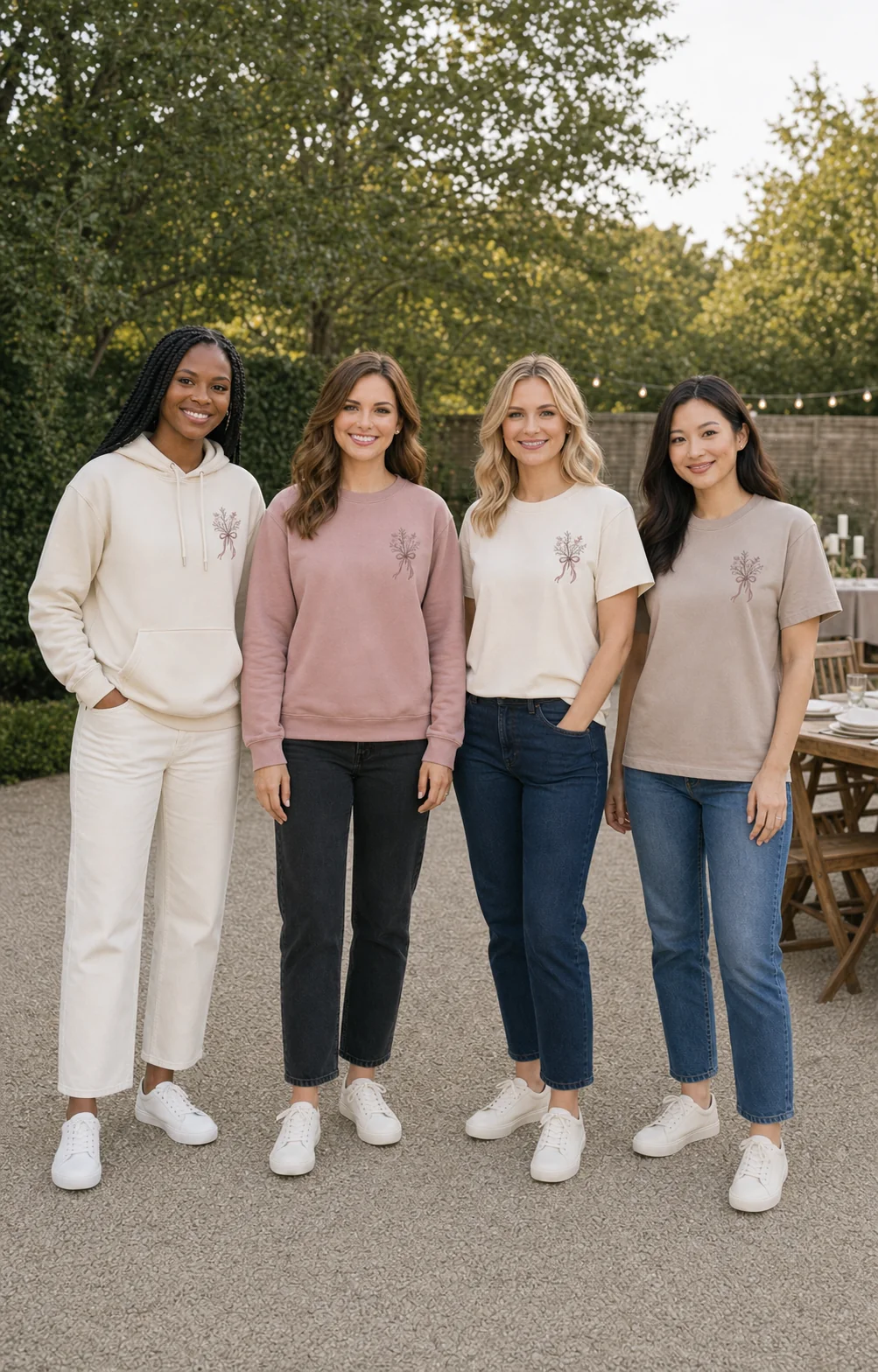 Four wedding-weekend friends with eyes open and full bodies visible in coordinated hoodie, sweatshirt, and T-shirts