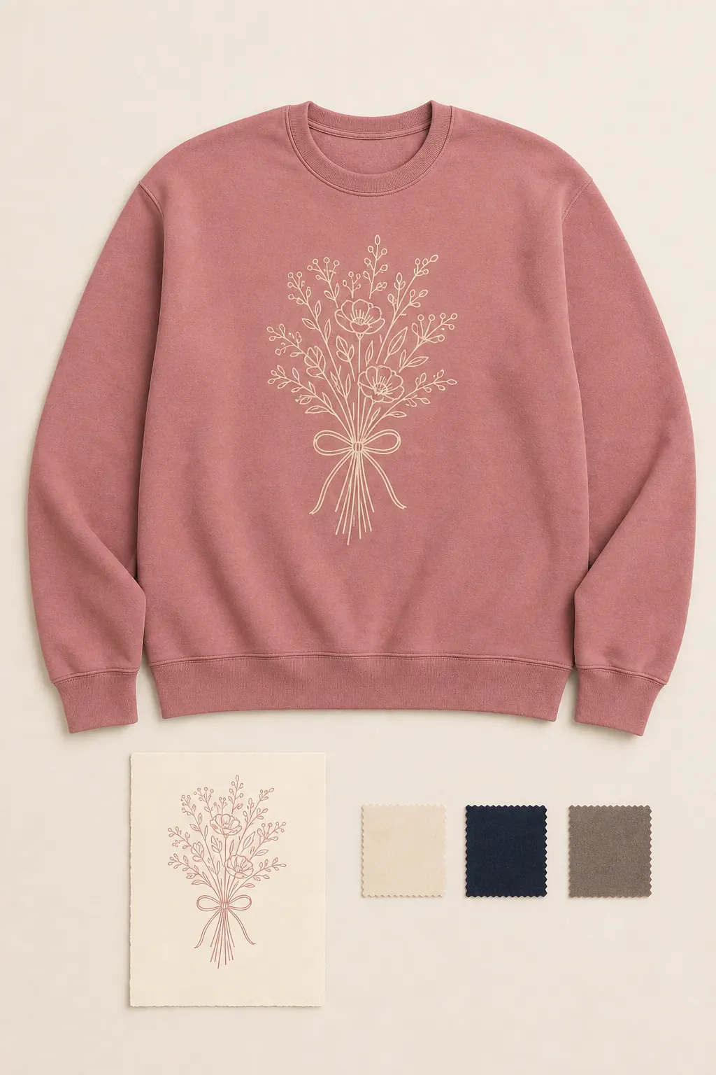 Complete dusty-rose crewneck with a floral-ribbon mark, matching sketch card, and three restrained color swatches