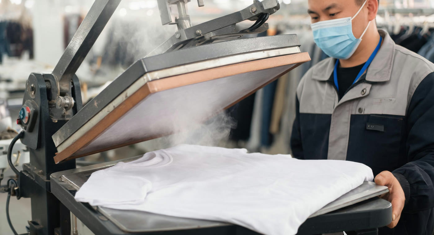 Heat-pressing a freshly printed tee to lock in the print