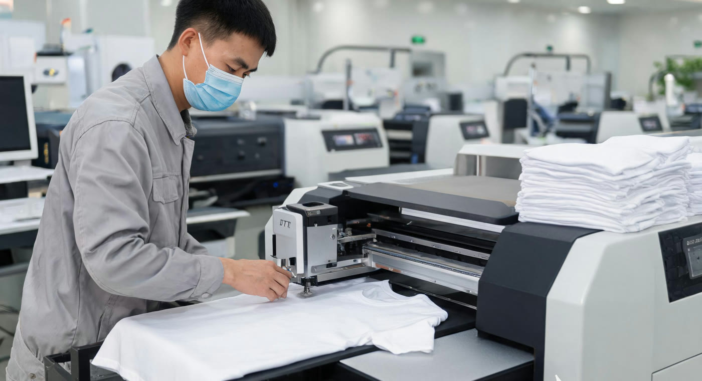 Digital direct-to-garment printing on a plain tee in the workshop