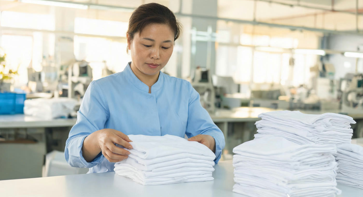 A worker inspecting and folding finished tees before shipping