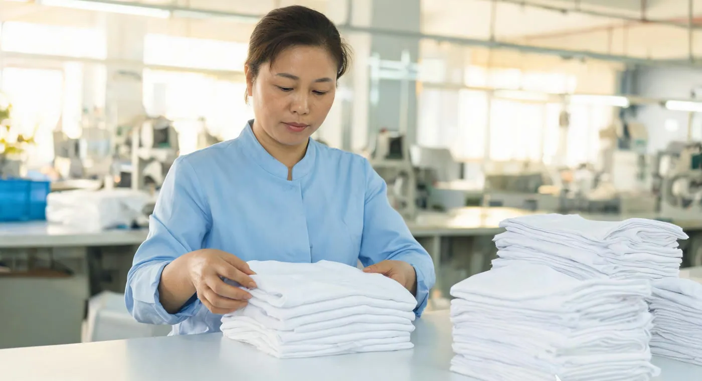 A quality-control worker checking and folding complete finished tees before shipping