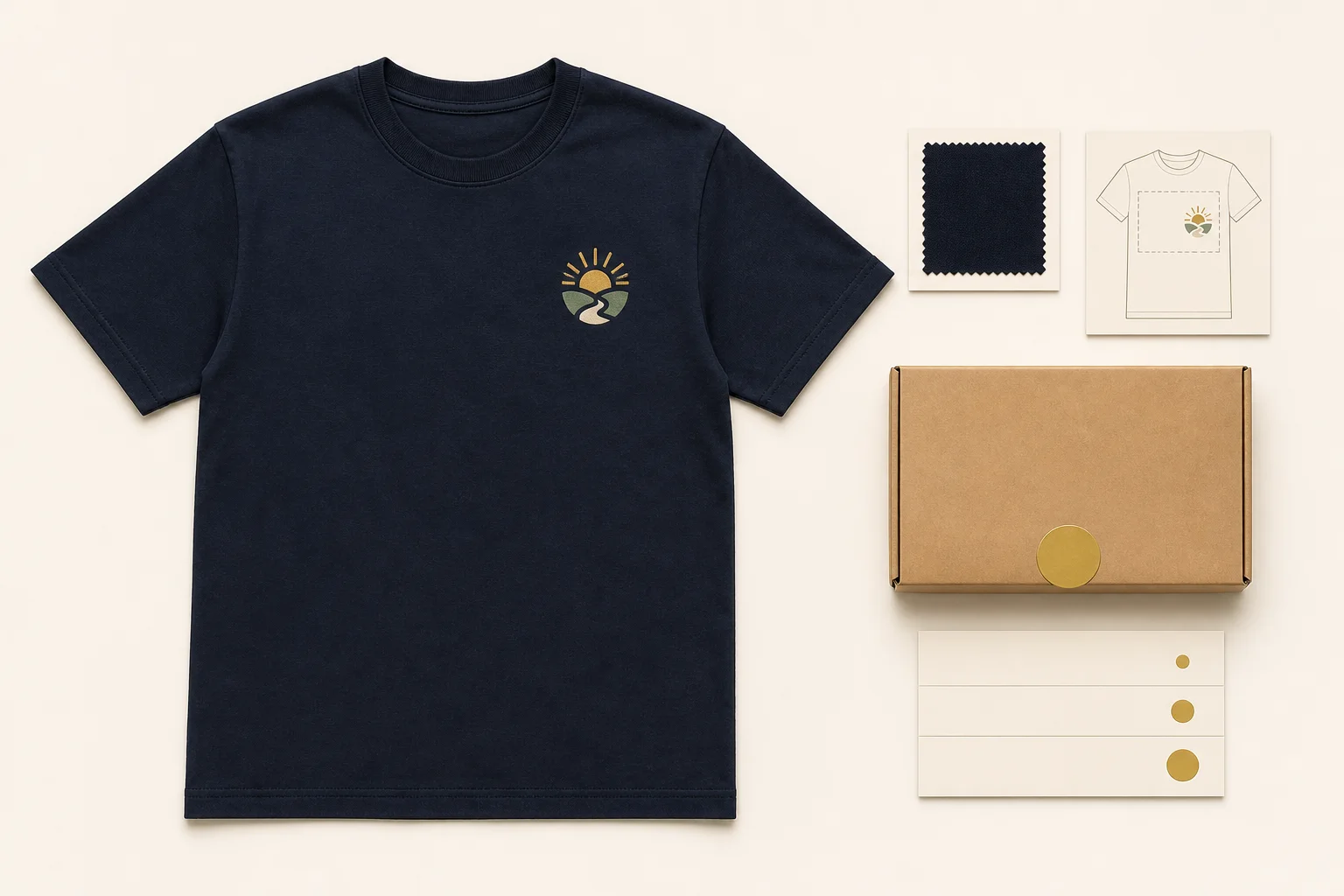 One complete navy T-shirt with collar, both sleeves, side seams, full body, and bottom hem fully visible beside a fabric swatch, artwork-placement proof, delivery box, and three-row total card