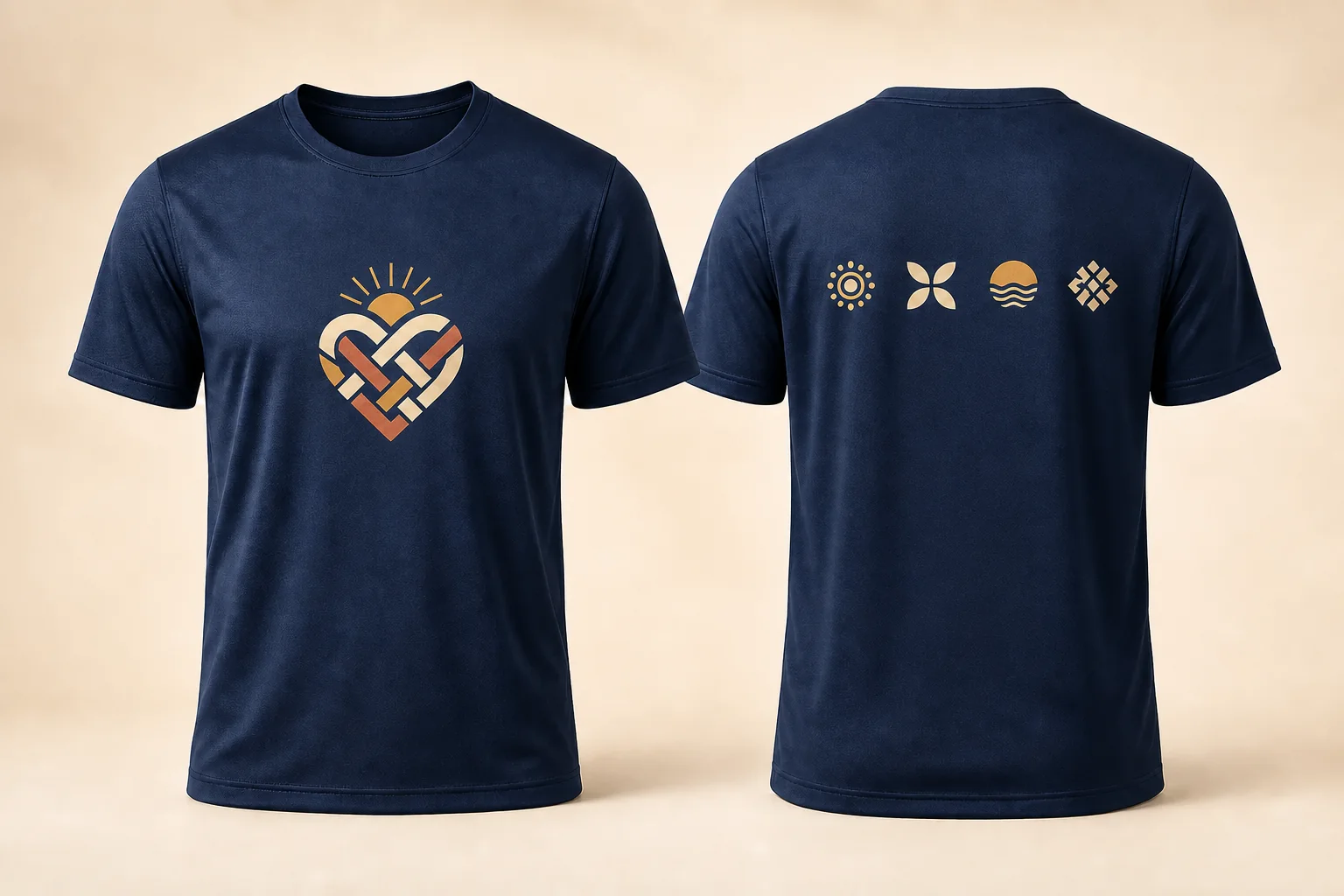 Complete front and back navy charity performance shirts with one cause emblem and one row of four equal-height abstract sponsor placeholders