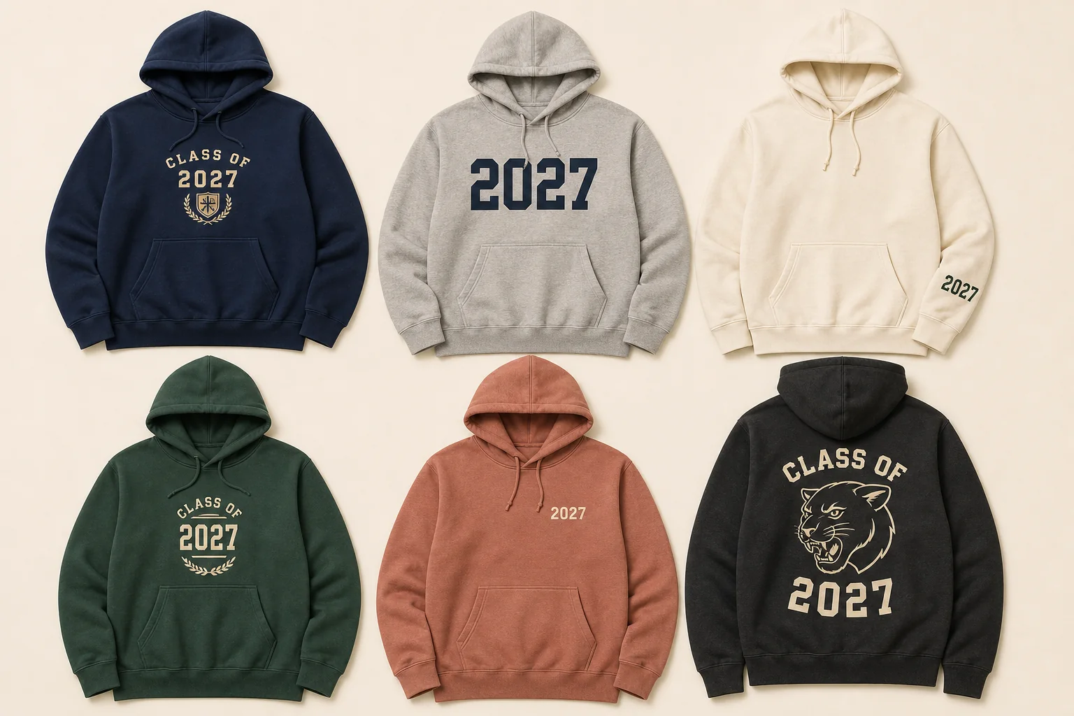 Six complete Class of 2027 pullover hoodies in navy, gray, cream, forest green, muted clay, and charcoal with every hood, sleeve, cuff, pocket, body, and hem visible
