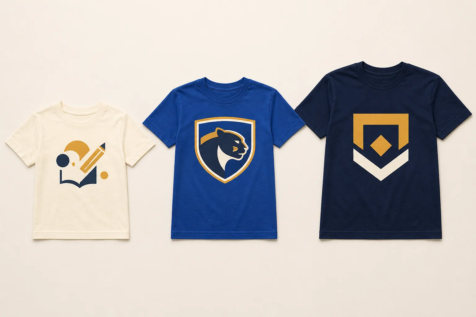 Three complete cream, royal-blue, and navy class T-shirts increasing from youth to adult scale with playful academic, mascot crest, and minimal varsity-style graphics