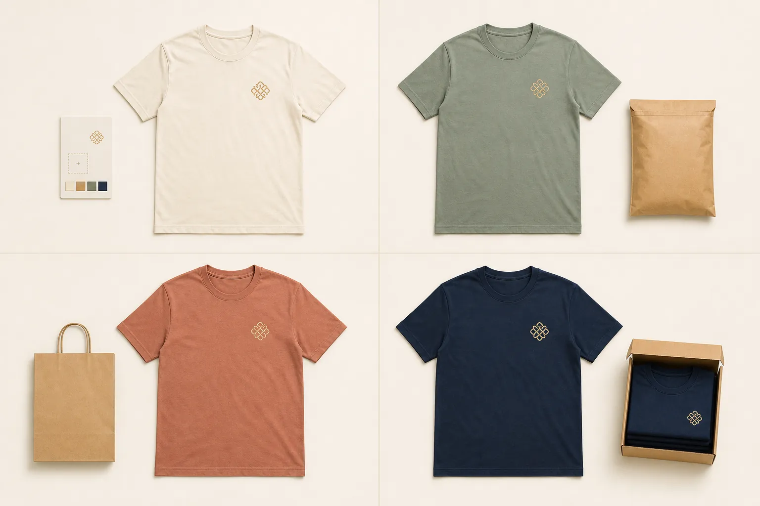 Four complete T-shirts in cream, sage, terracotta, and navy with collars, sleeves, side seams, bodies, and hems fully visible beside online proof, individual mailer, local pickup bag, and bulk carton cues