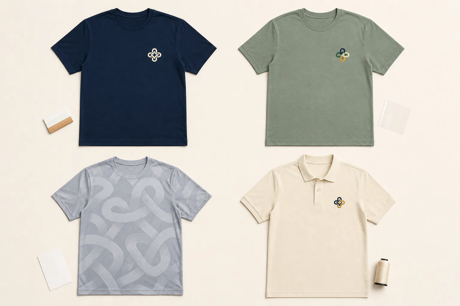 Four complete garments showing a navy screen-printed T-shirt, sage DTF T-shirt, light gray sublimated performance T-shirt, and cream embroidered polo with every collar, sleeve, side seam, body, and hem fully visible