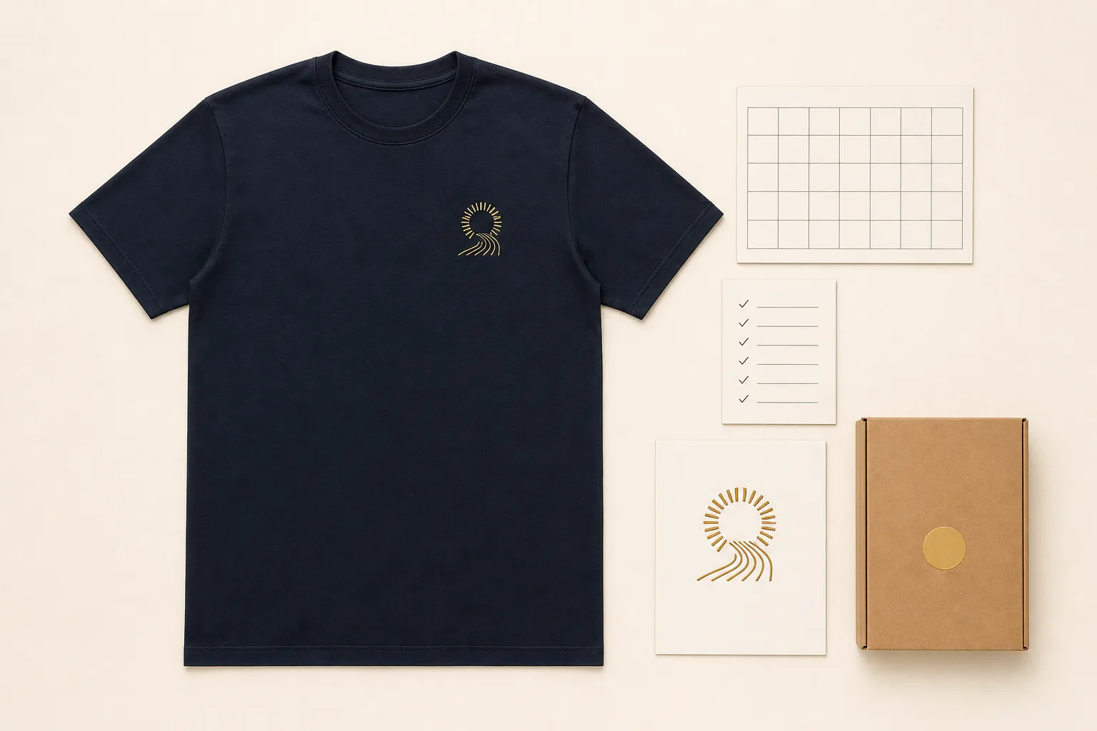 One complete navy short-sleeve T-shirt beside a blank calendar, size checklist, artwork approval card, and sealed delivery box, with every garment edge and planning prop fully visible