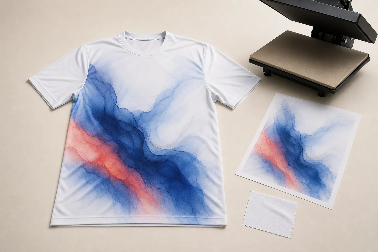 One complete white polyester performance T-shirt with integrated blue and coral artwork beside matching transfer paper, a polyester swatch, and an open heat press
