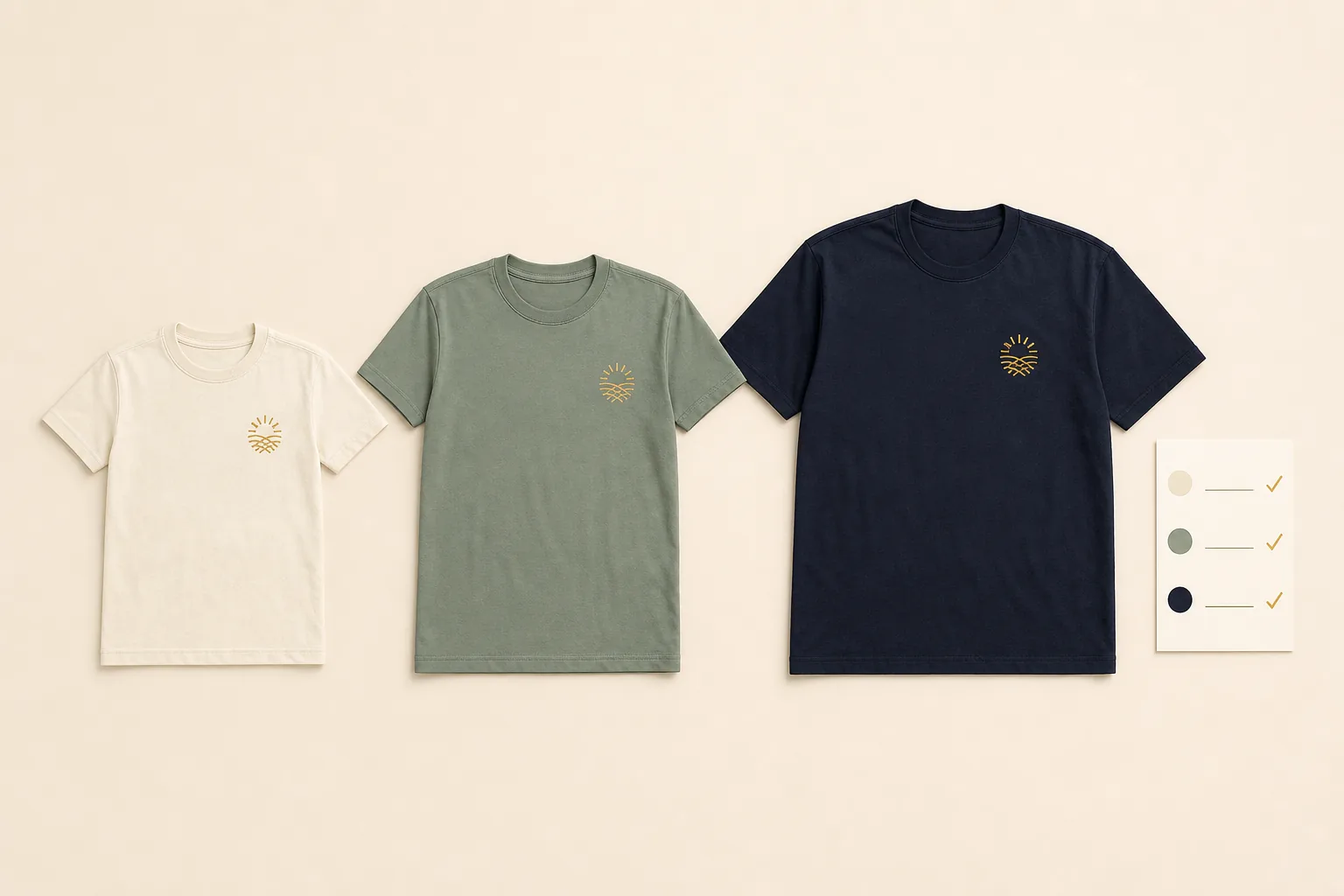 Three complete cream, sage, and navy short-sleeve T-shirts increasing from youth to adult scale beside one unlabelled three-row roster card, with every collar, sleeve, side seam, body, and bottom hem visible