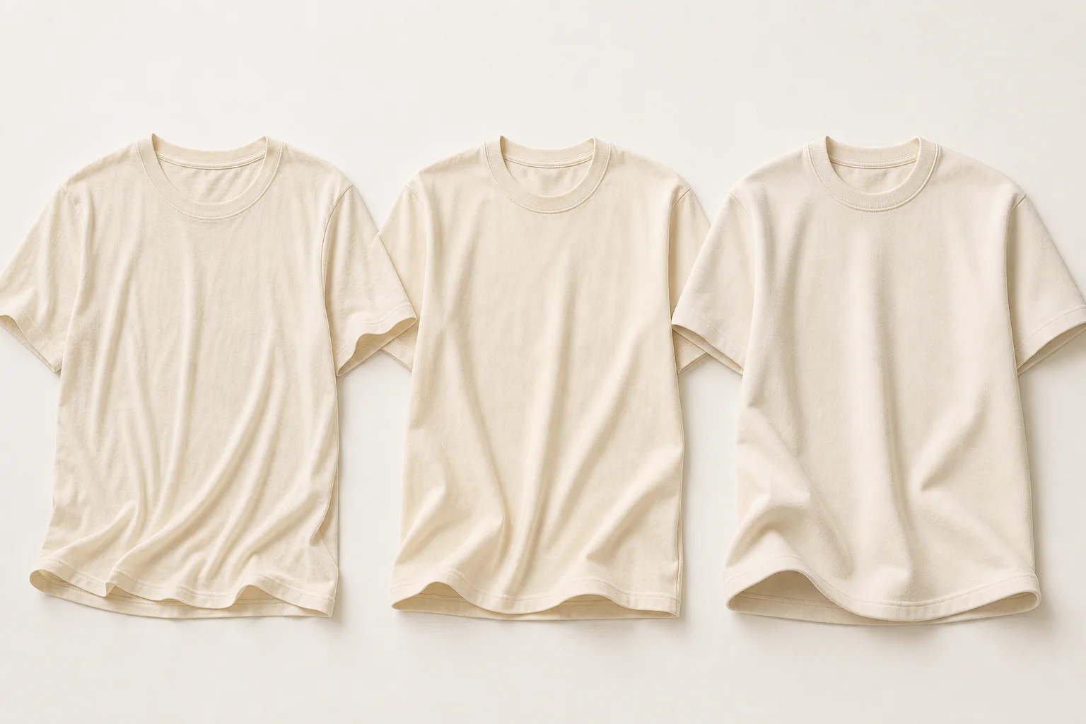 Three complete matching cream T-shirts showing lighter, everyday, and heavier fabric drape, with every collar, sleeve, side seam, body, and bottom hem visible