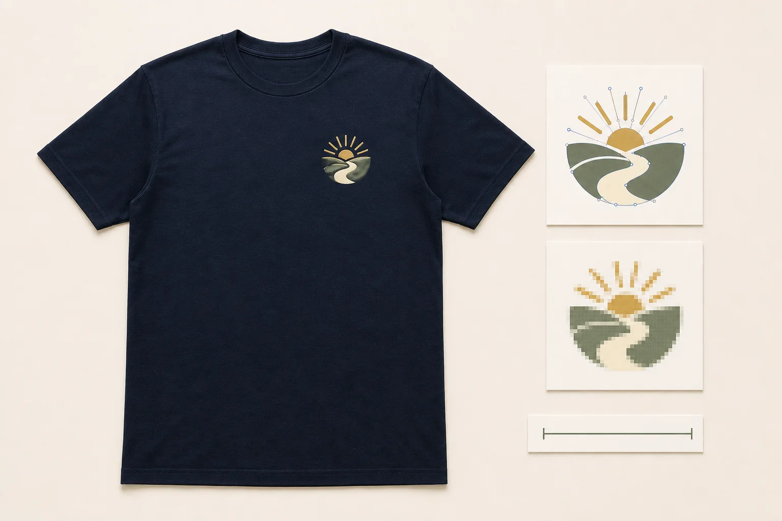 One complete navy T-shirt beside smooth vector-path and coarse pixel-grid versions of the same emblem