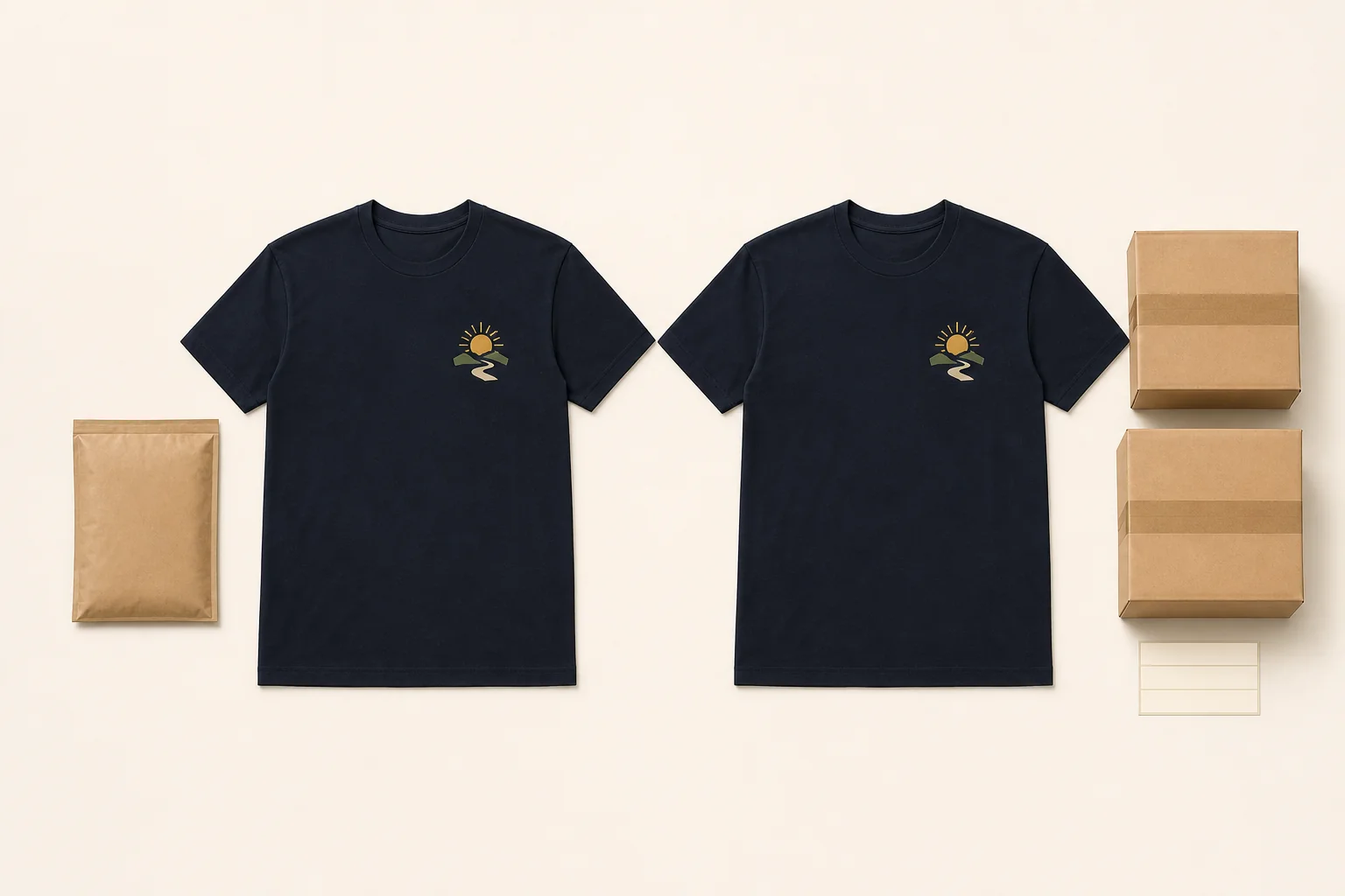 Two complete identical navy T-shirts beside one individual mailer and a coordinated bulk shipment with two cartons and one roster card