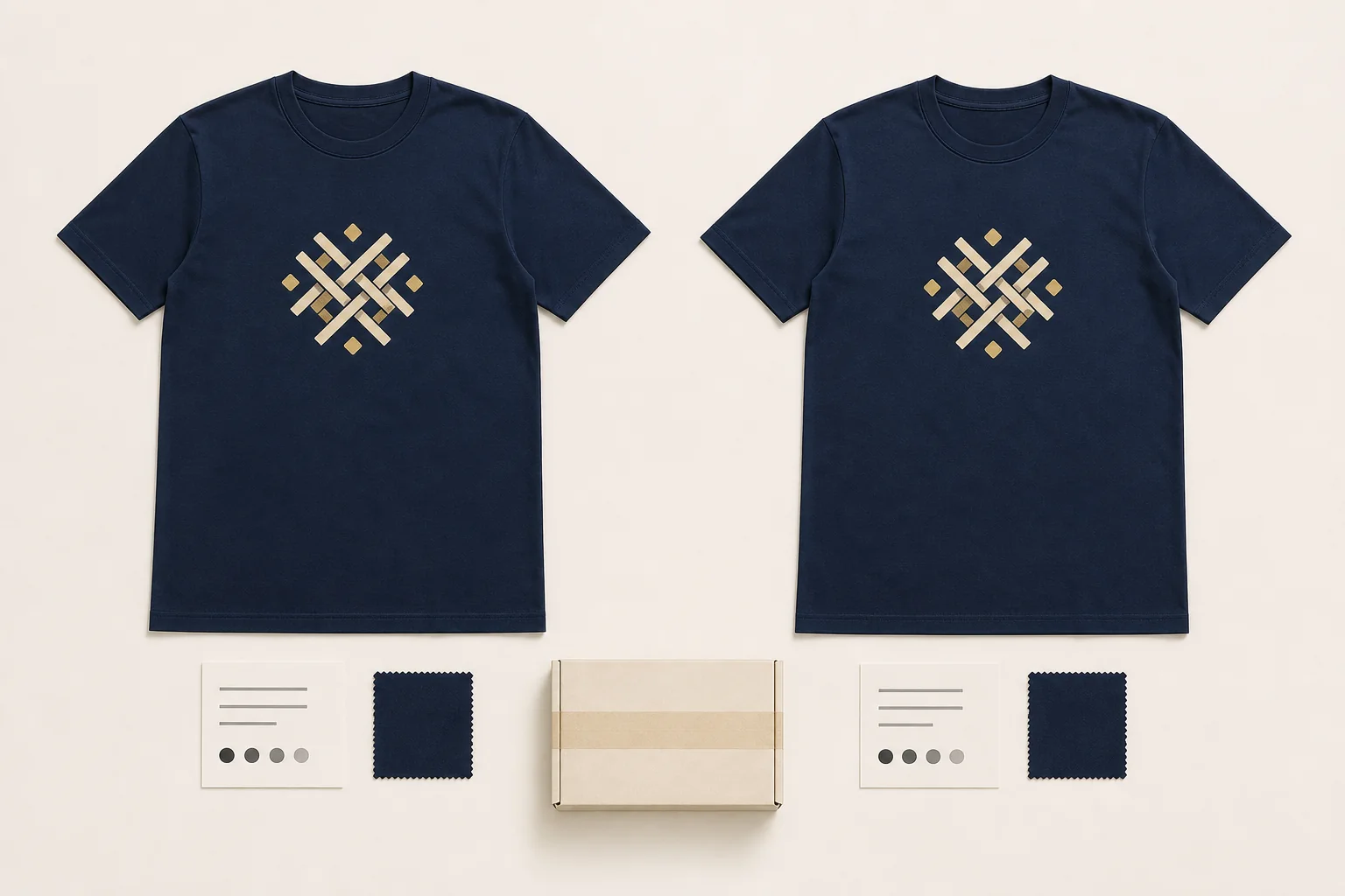 Two identical complete navy T-shirts with matching woven emblems beside two unlabelled quote cards, fabric swatches, and one sealed delivery carton