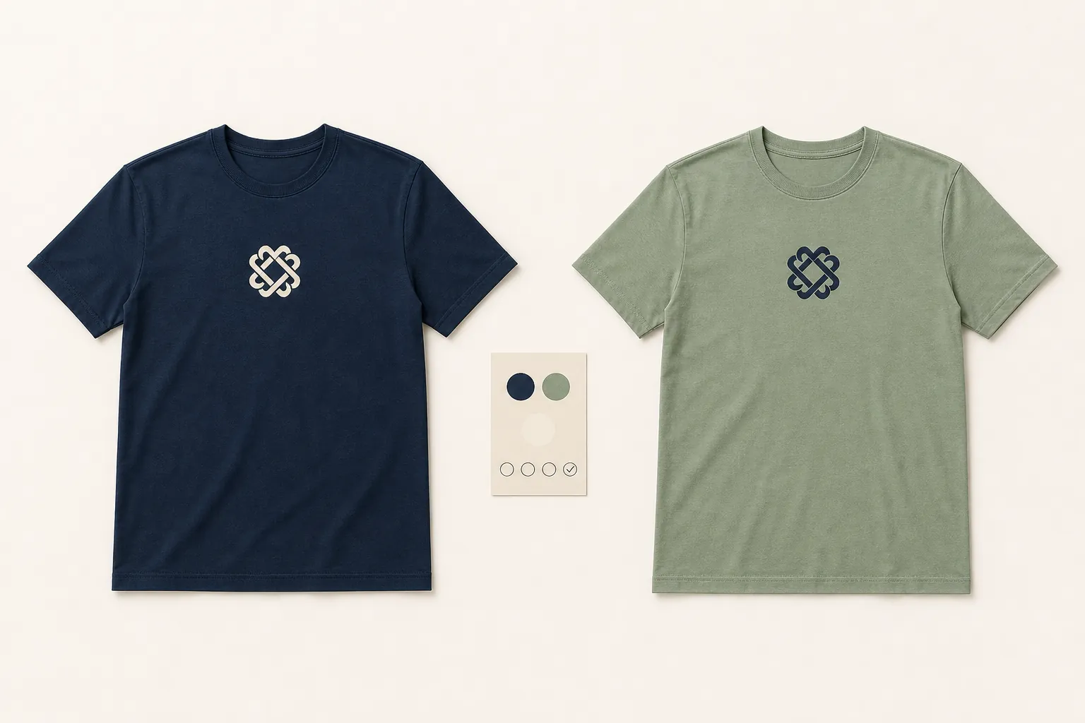 Two complete T-shirts in navy and sage showing the same woven emblem with collars, sleeves, side seams, bodies, and hems fully visible beside a simple specification card