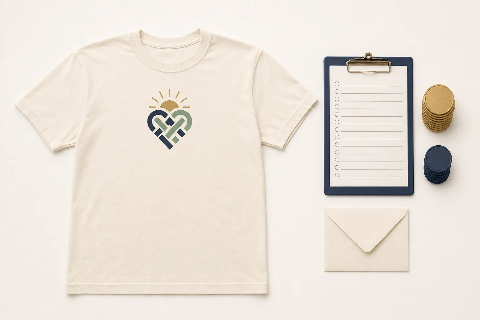 One complete cream fundraiser T-shirt with collar, sleeves, side seams, body, and hem fully visible beside an order clipboard, two organized token stacks, and an envelope