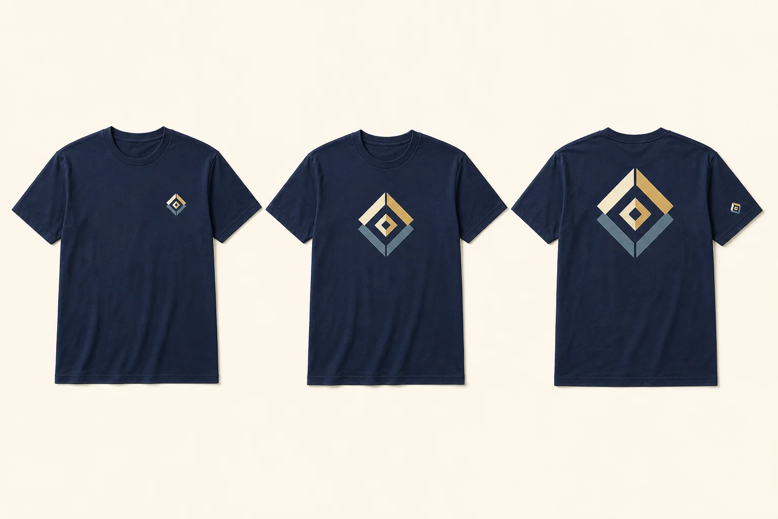 Three separate complete navy T-shirts showing the same geometric emblem as a small left-chest mark, a medium center-chest design, and a larger back mark with one sleeve detail, with every collar, sleeve, side seam, body, and bottom hem visible