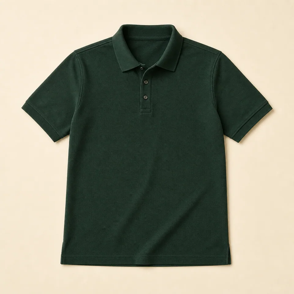 Forest-green piqué polo shown in full on a warm cream background